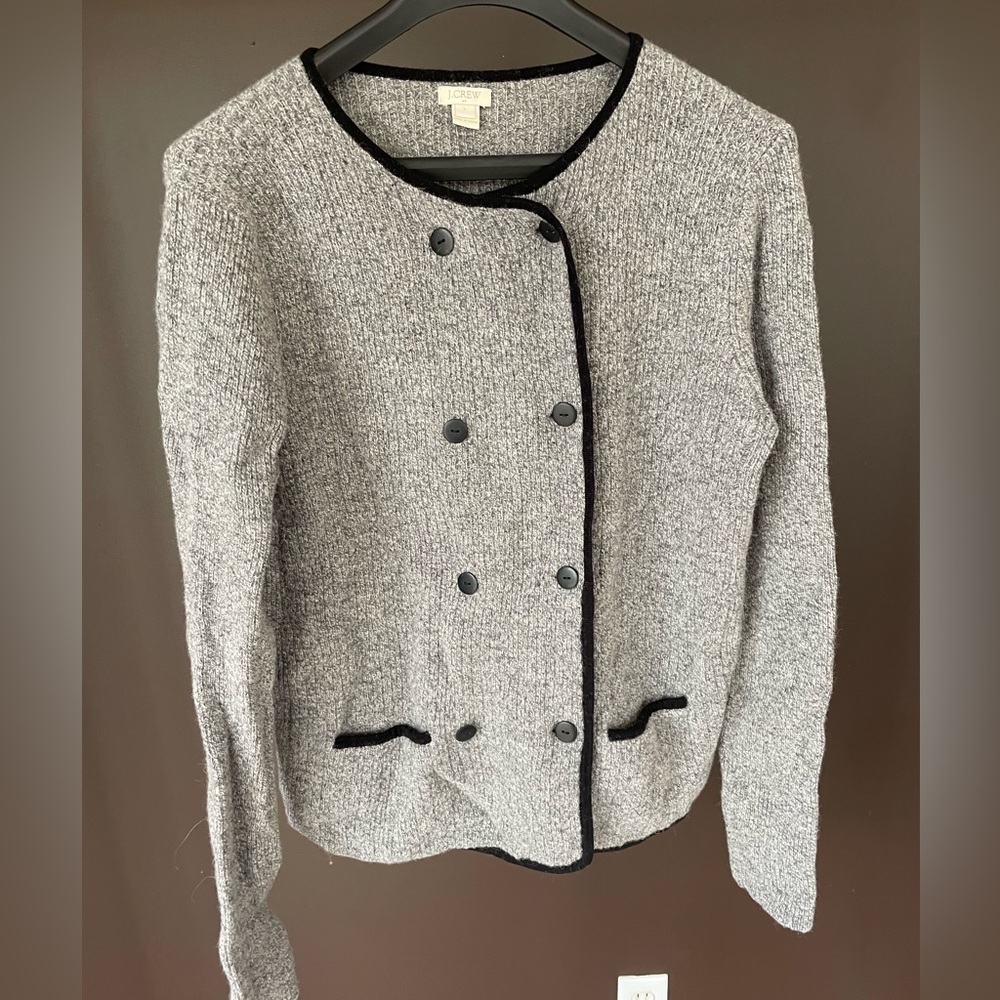 J Crew black tweed button sweater jacket - 100% lambswool- size L